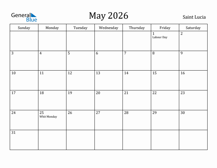May 2026 Calendar Saint Lucia
