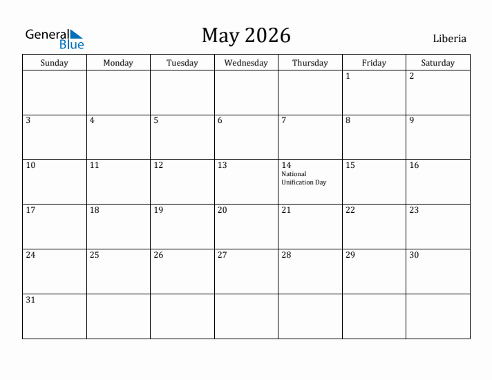 May 2026 Calendar Liberia