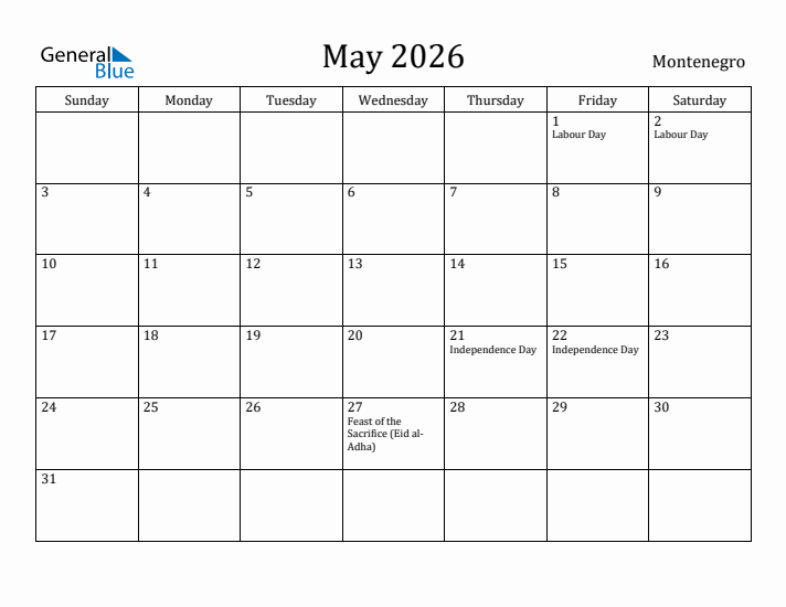 May 2026 Calendar Montenegro