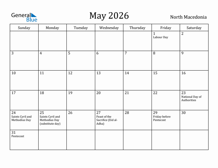 May 2026 Calendar North Macedonia