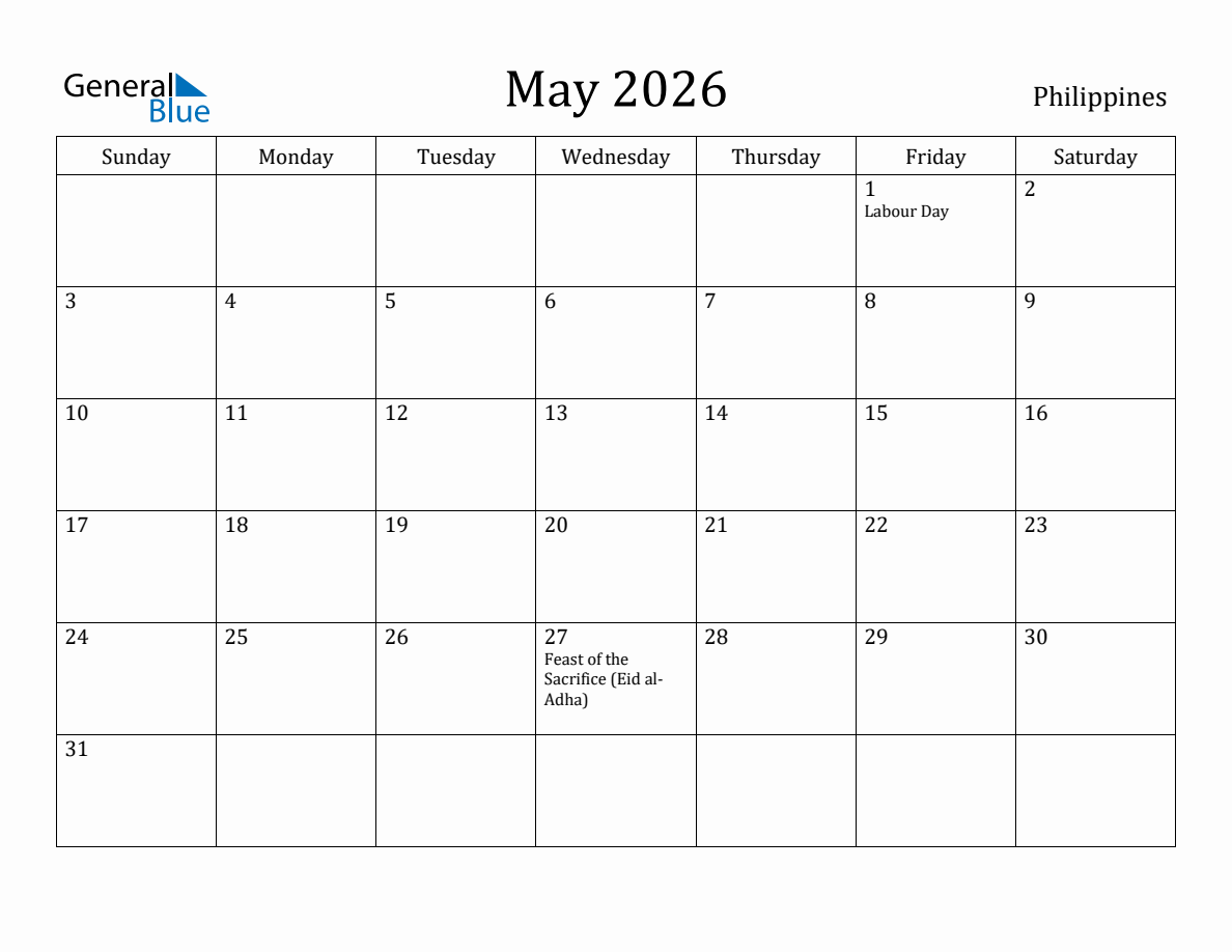 May 2026 monthly calendar with holidays in Philippines