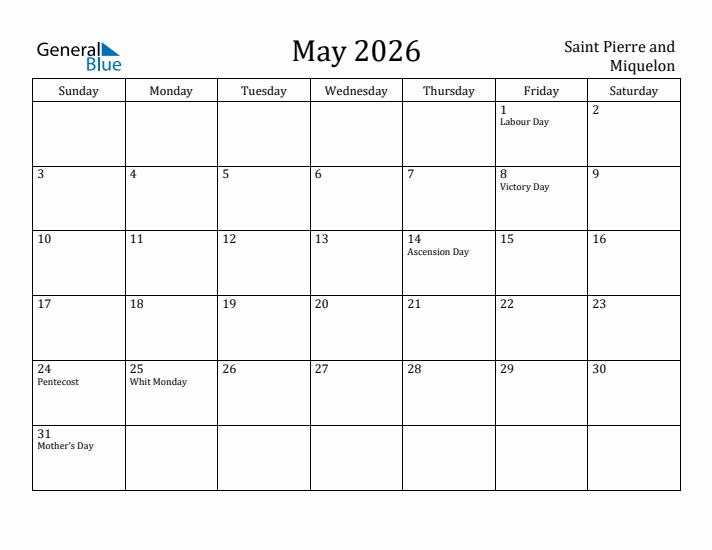 May 2026 Calendar Saint Pierre and Miquelon
