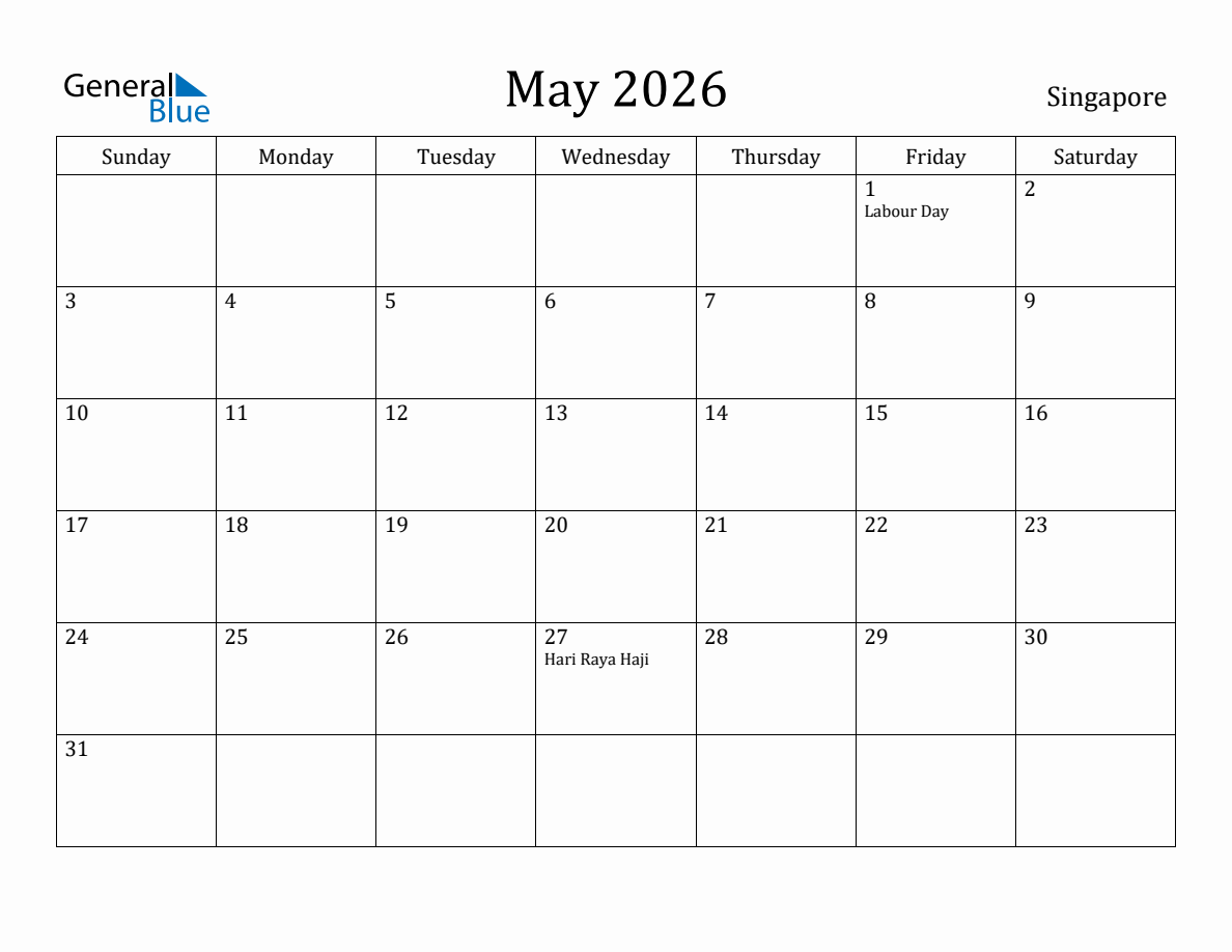 May 2026 monthly calendar with holidays in Singapore