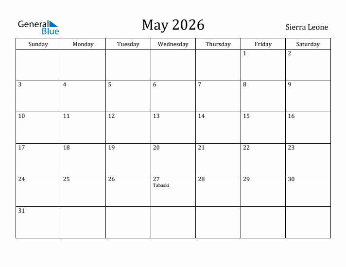 May 2026 Calendar Sierra Leone