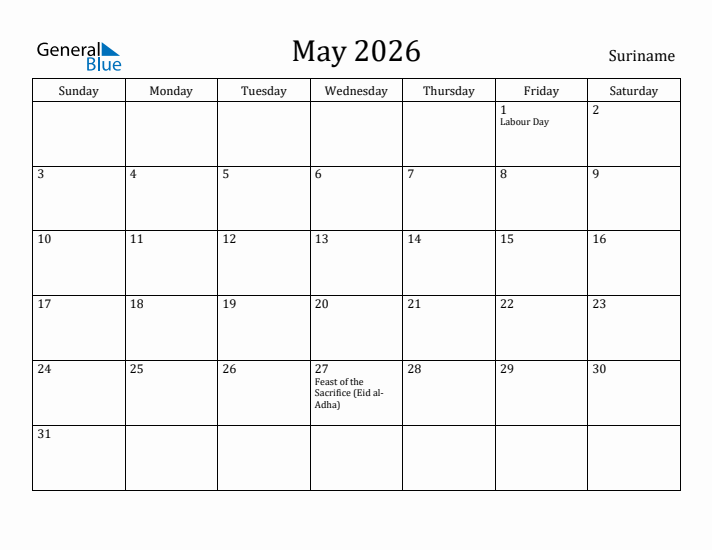May 2026 Calendar Suriname
