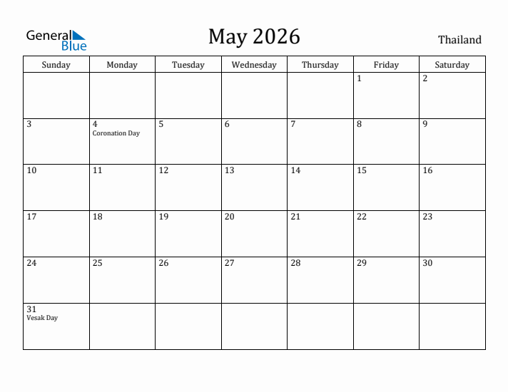 May 2026 Calendar Thailand