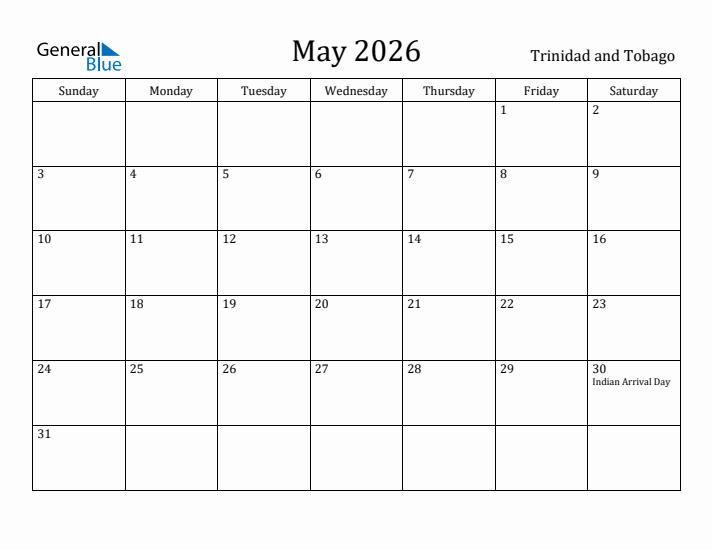 May 2026 Calendar Trinidad and Tobago