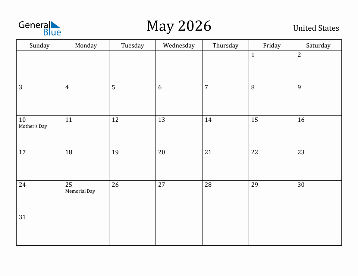 May 2026 monthly calendar with holidays in United States
