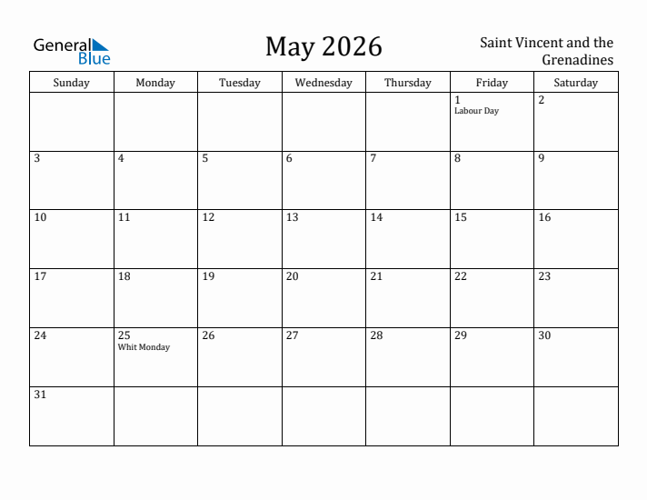 May 2026 Calendar Saint Vincent and the Grenadines