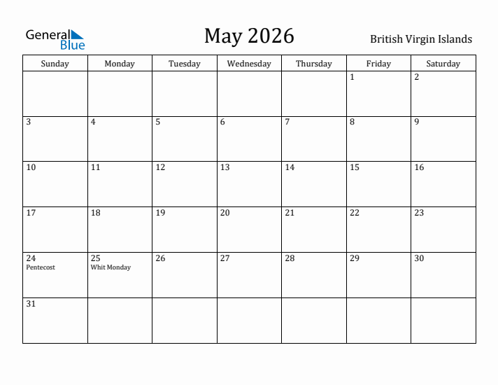 May 2026 Calendar British Virgin Islands