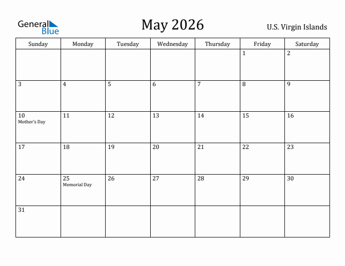 May 2026 Calendar U.S. Virgin Islands