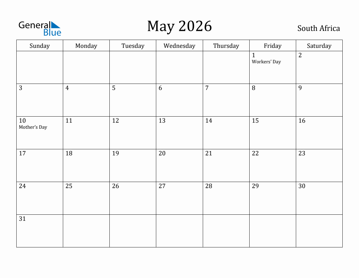 May 2026 monthly calendar with holidays in South Africa