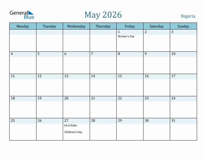 May 2026 Calendar with Holidays