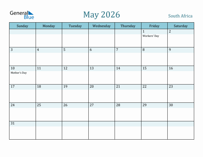 May 2026 Monthly Calendar With South Africa Holidays