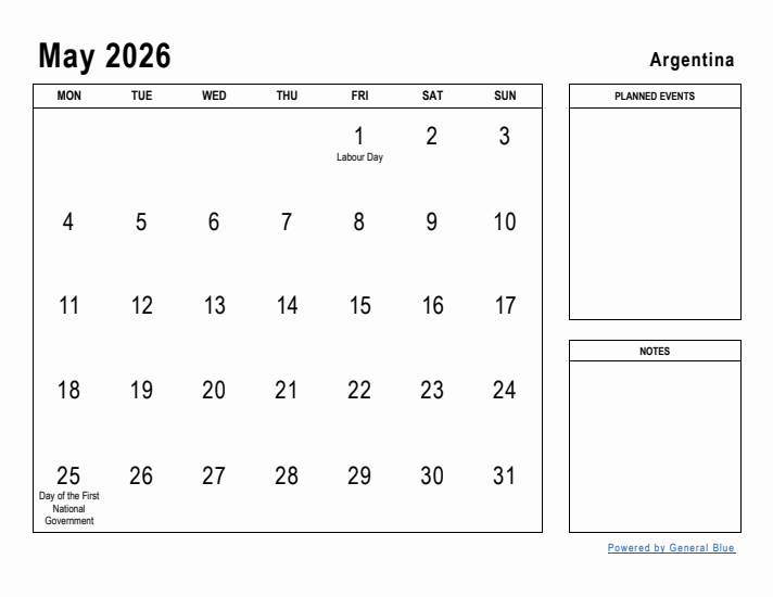 May 2026 Printable Monthly Calendar with Argentina Holidays