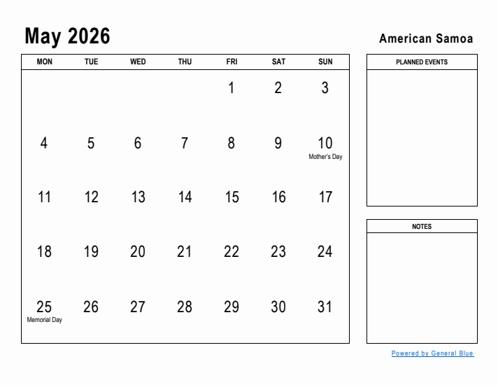 May 2026 Printable Monthly Calendar with American Samoa Holidays