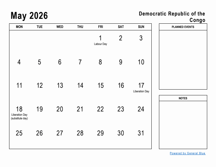 May 2026 Printable Monthly Calendar with Democratic Republic of the Congo Holidays