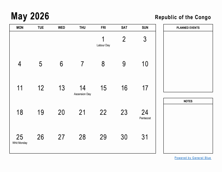 May 2026 Printable Monthly Calendar with Republic of the Congo Holidays