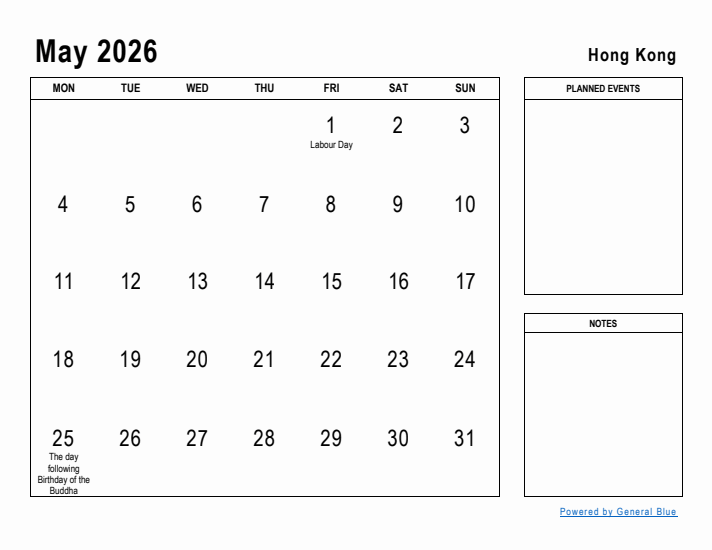 May 2026 Printable Monthly Calendar with Hong Kong Holidays