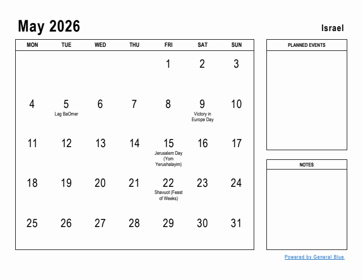 May 2026 Printable Monthly Calendar with Israel Holidays