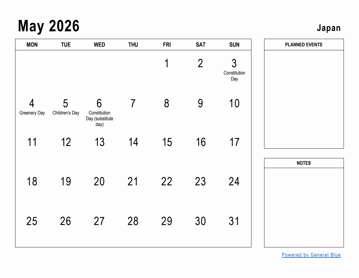 May 2026 Planner with Japan Holidays