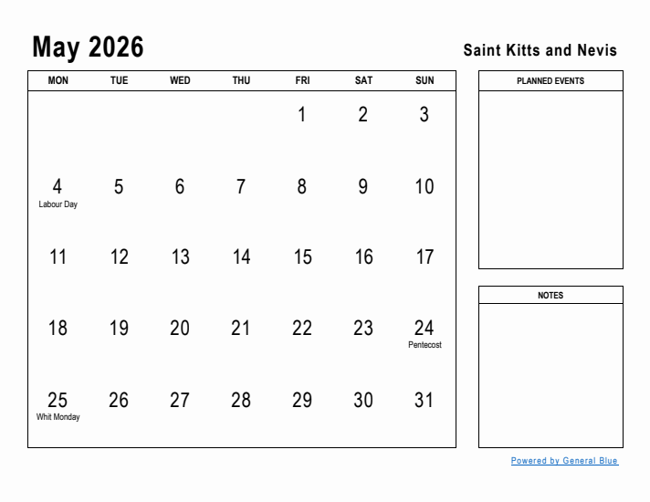 May 2026 Printable Monthly Calendar with Saint Kitts and Nevis Holidays