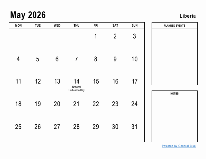 May 2026 Printable Monthly Calendar with Liberia Holidays