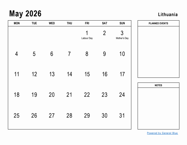 May 2026 Printable Monthly Calendar with Lithuania Holidays