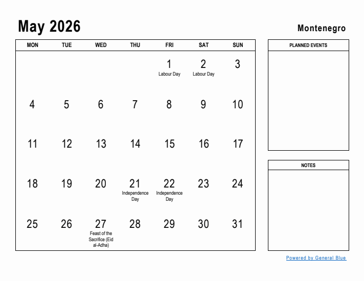 May 2026 Printable Monthly Calendar with Montenegro Holidays