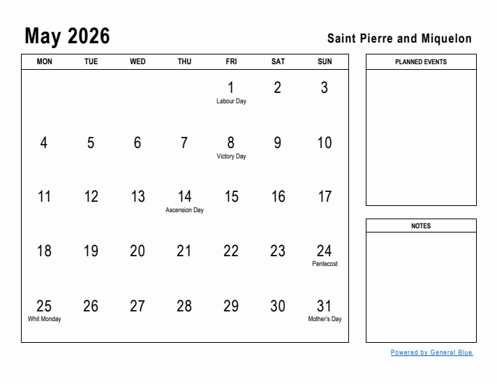 May 2026 Printable Monthly Calendar with Saint Pierre and Miquelon Holidays