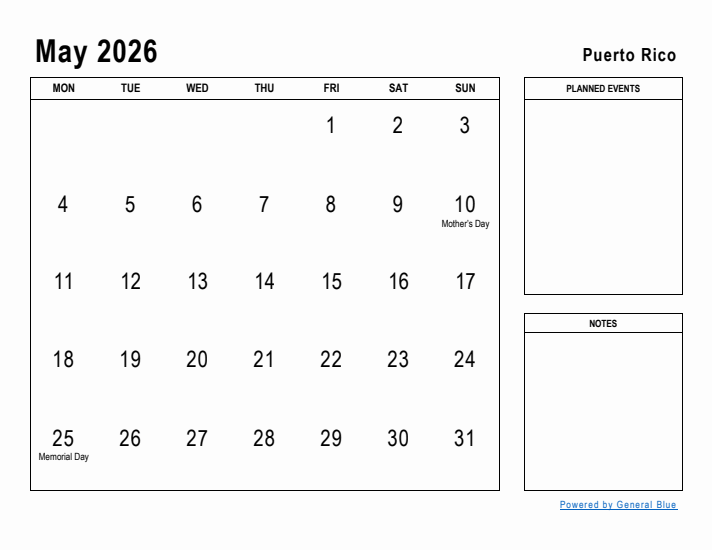 May 2026 Printable Monthly Calendar with Puerto Rico Holidays
