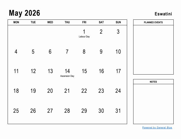 May 2026 Printable Monthly Calendar with Eswatini Holidays