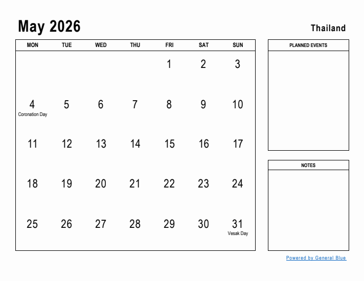 May 2026 Printable Monthly Calendar with Thailand Holidays