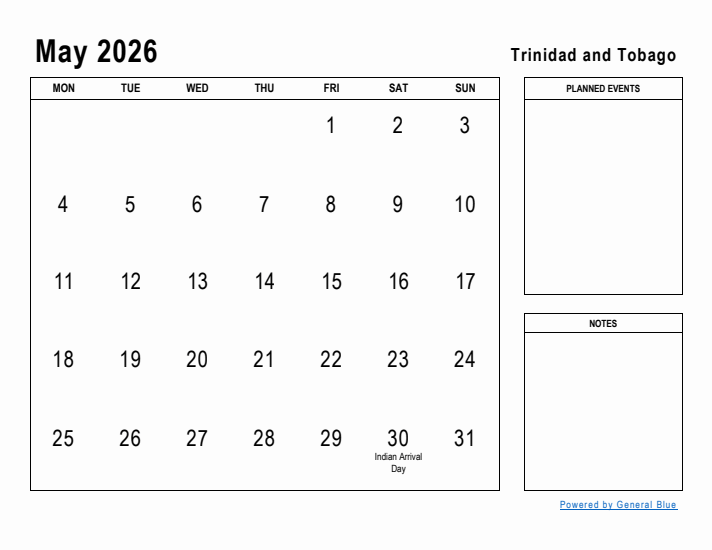 May 2026 Printable Monthly Calendar with Trinidad and Tobago Holidays