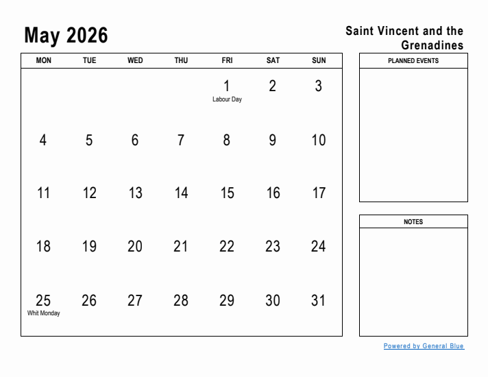 May 2026 Printable Monthly Calendar with Saint Vincent and the Grenadines Holidays