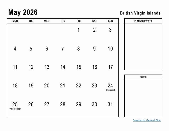 May 2026 Printable Monthly Calendar with British Virgin Islands Holidays