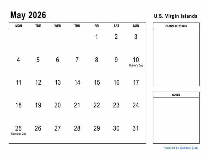 May 2026 Printable Monthly Calendar with U.S. Virgin Islands Holidays