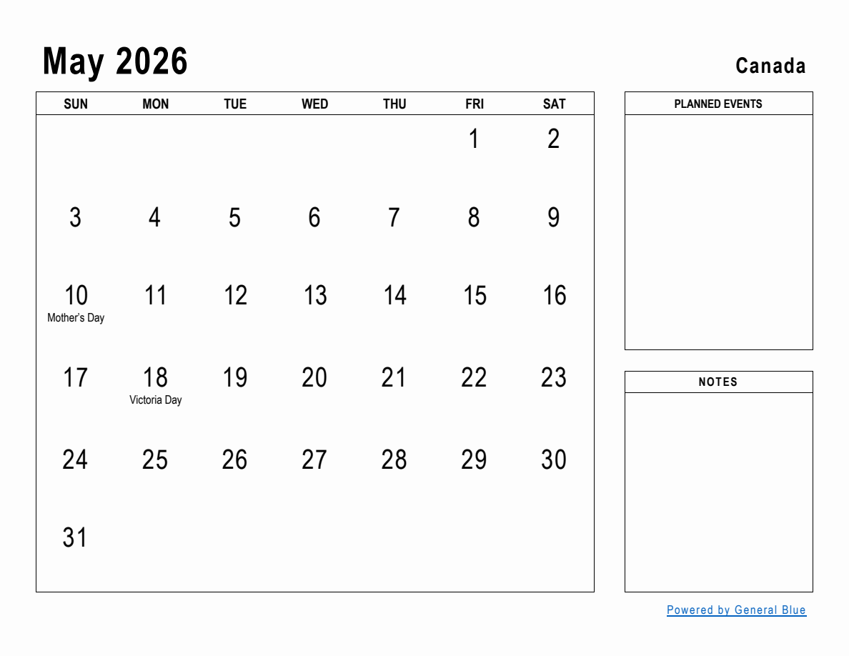 May 2026 planner with canada holidays
