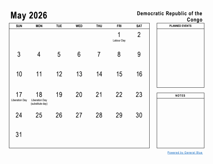 May 2026 Printable Monthly Calendar with Democratic Republic of the Congo Holidays