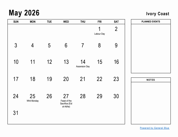 May 2026 Printable Monthly Calendar with Ivory Coast Holidays