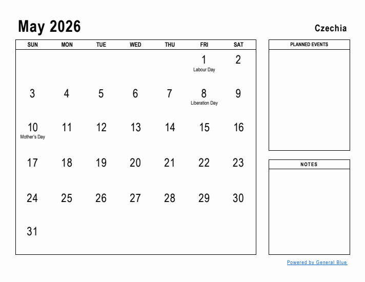 May 2026 Printable Monthly Calendar with Czechia Holidays