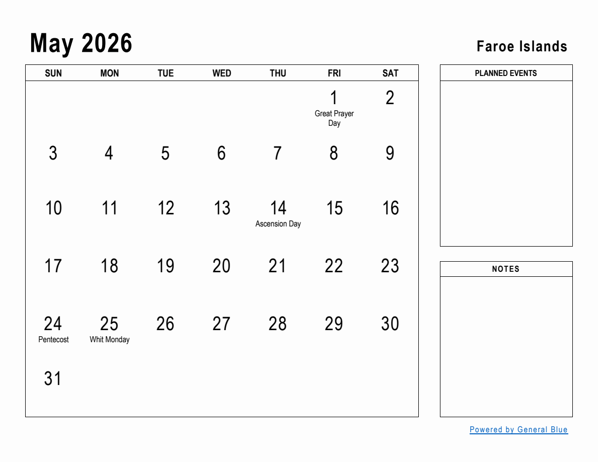 May 2026 Planner with Faroe Islands Holidays