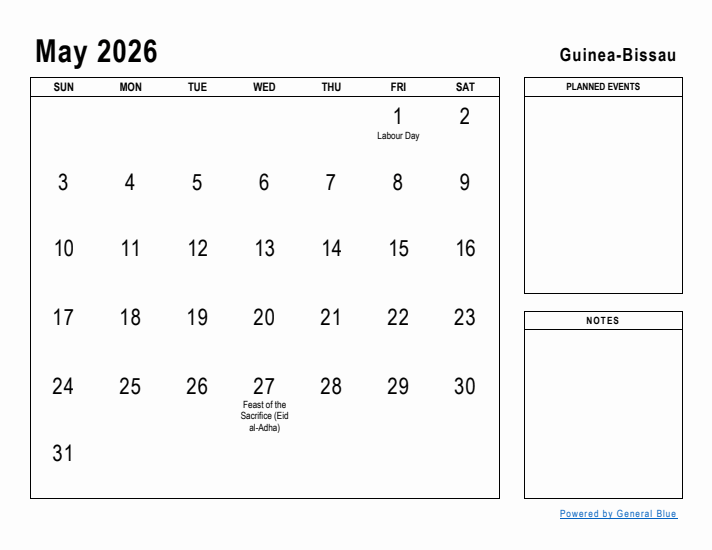 May 2026 Printable Monthly Calendar with Guinea-Bissau Holidays