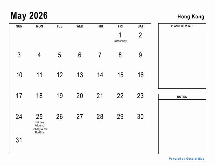 May 2026 Printable Monthly Calendar with Hong Kong Holidays