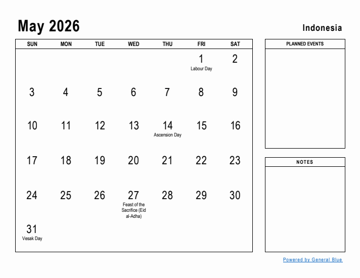 May 2026 Printable Monthly Calendar with Indonesia Holidays
