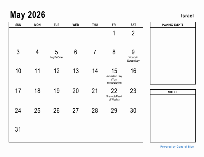 May 2026 Printable Monthly Calendar with Israel Holidays
