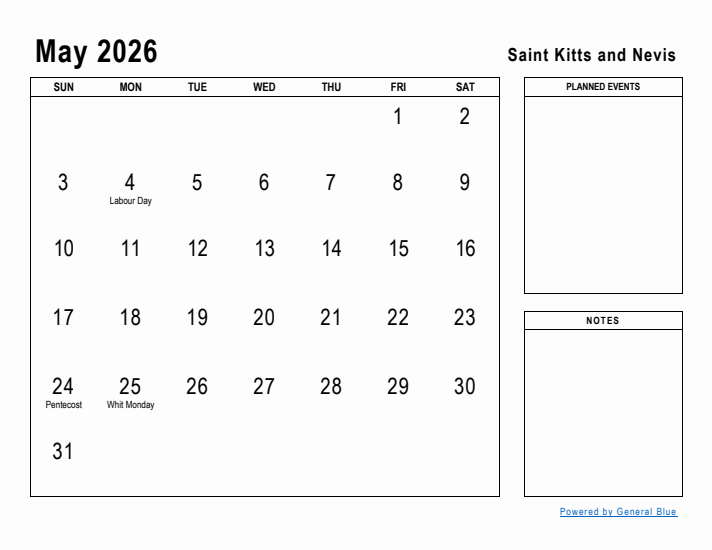 May 2026 Printable Monthly Calendar with Saint Kitts and Nevis Holidays