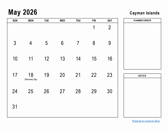 May 2026 Printable Monthly Calendar with Cayman Islands Holidays