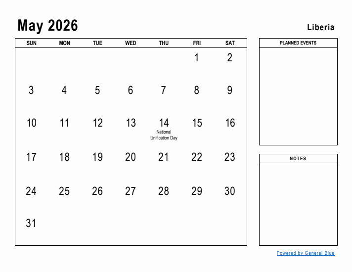 May 2026 Printable Monthly Calendar with Liberia Holidays