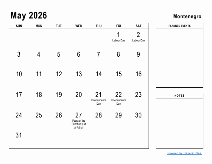 May 2026 Printable Monthly Calendar with Montenegro Holidays